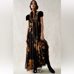 Free People Colette Maxi Dress Sequin Velvet Top Pleating Evening Combo